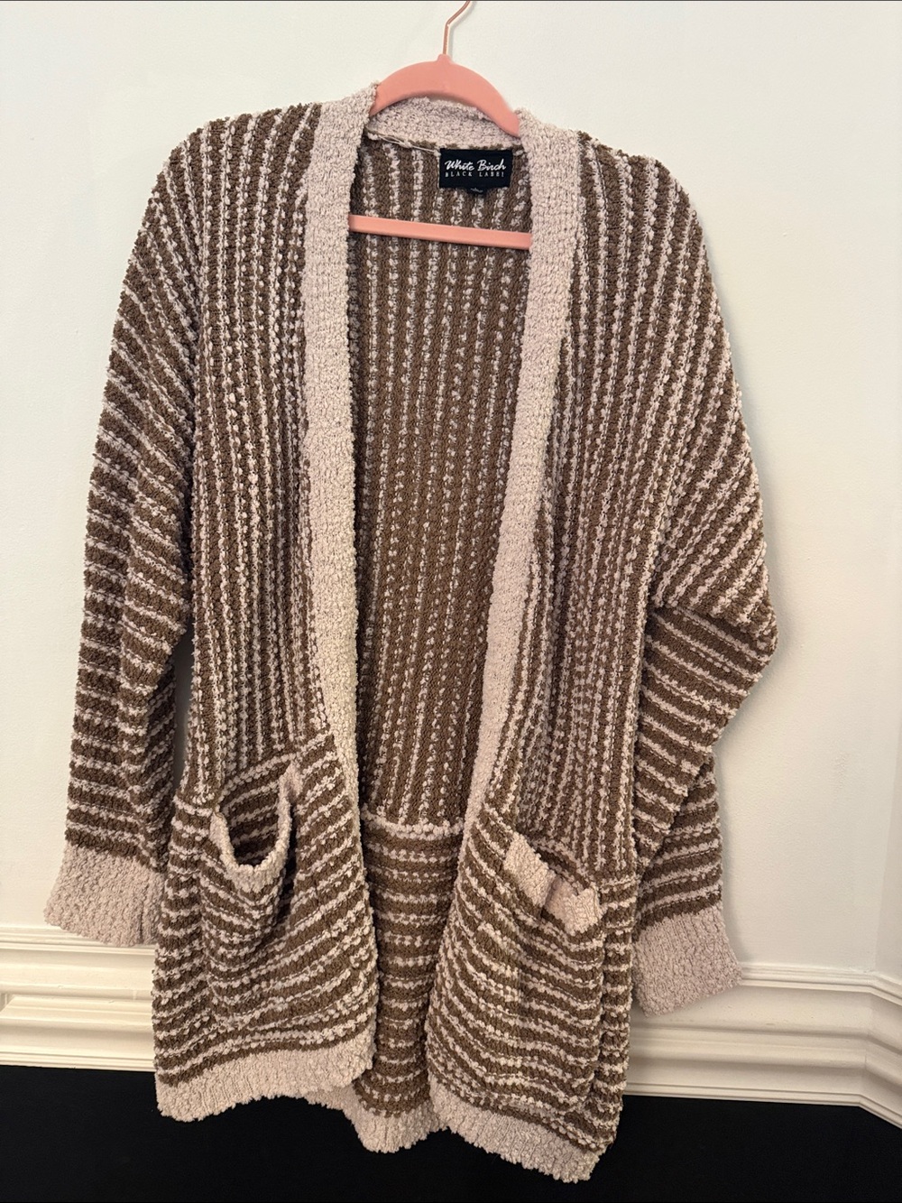 white birch Brown and Cream Striped Open-Front Cardigan